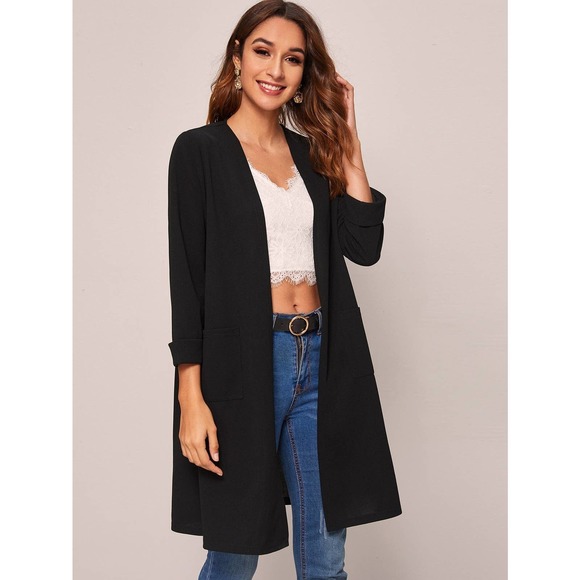 Open Front casual long blazer Coat collarless black minimalist - Picture 1 of 8
